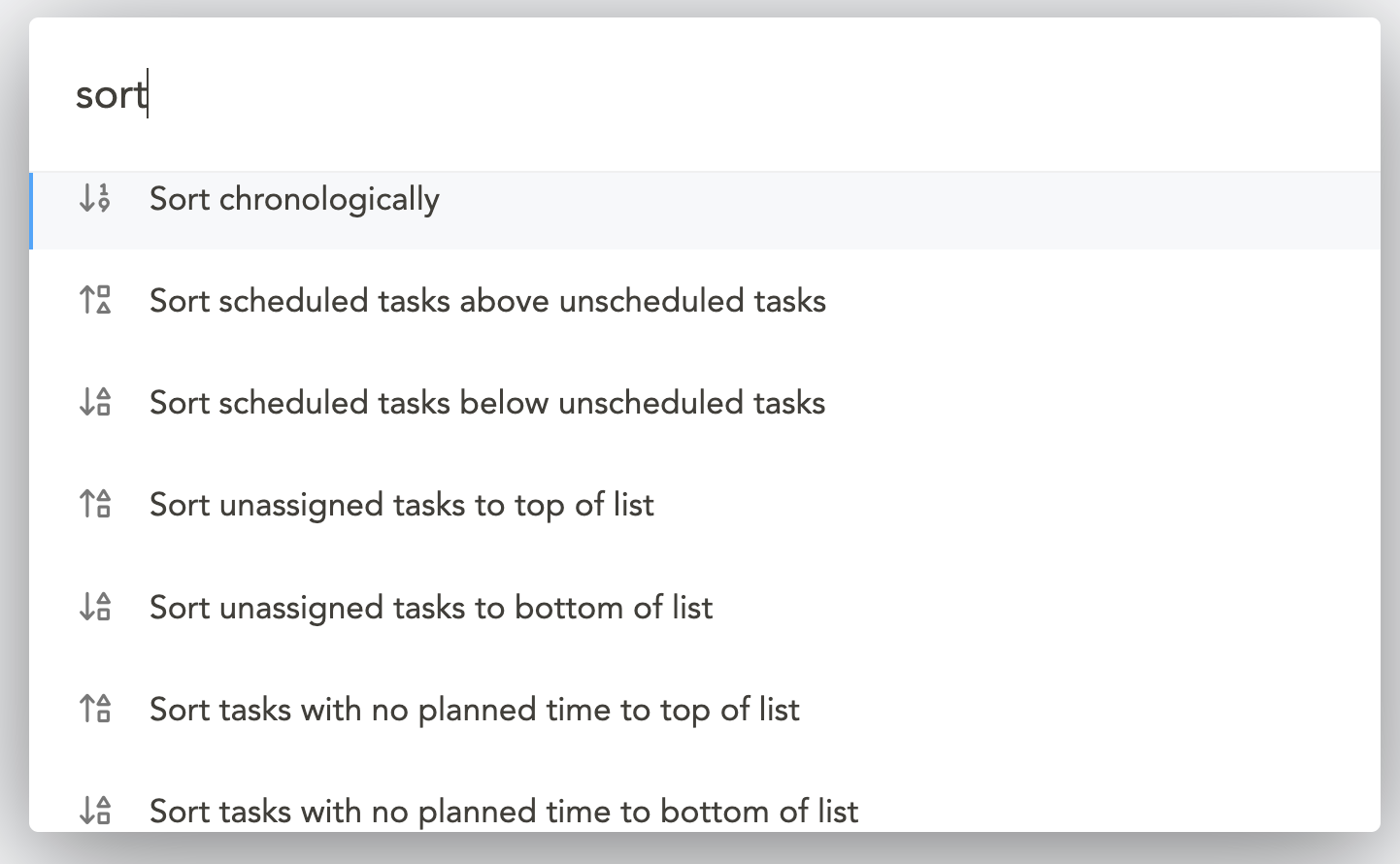 Sort task list via command palette