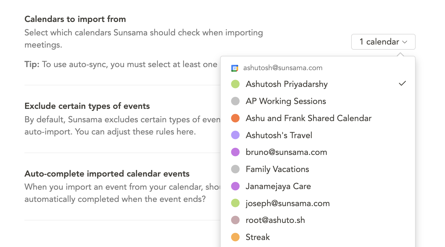 Calendars to import from setting