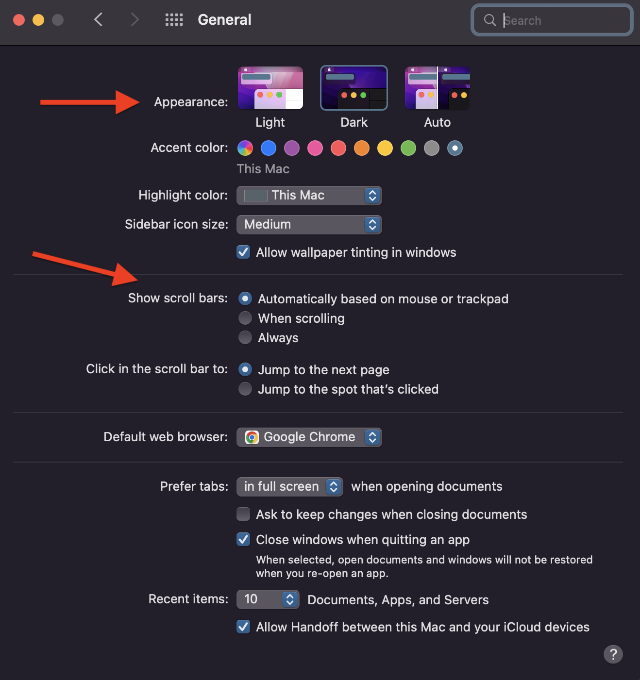 Mac System Preferences scroll bar settings