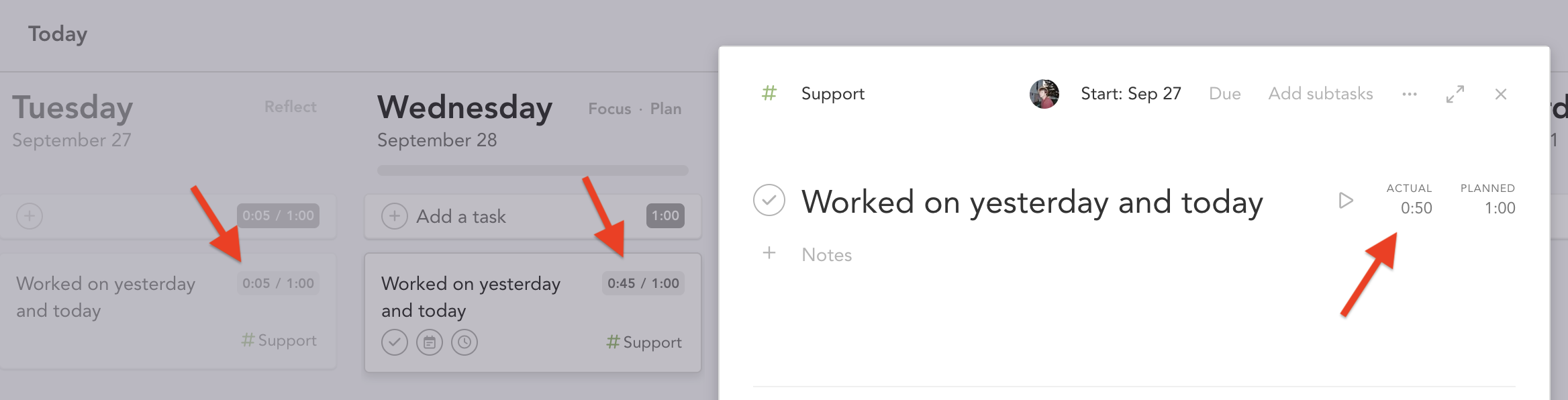 Task card showing cumulative time